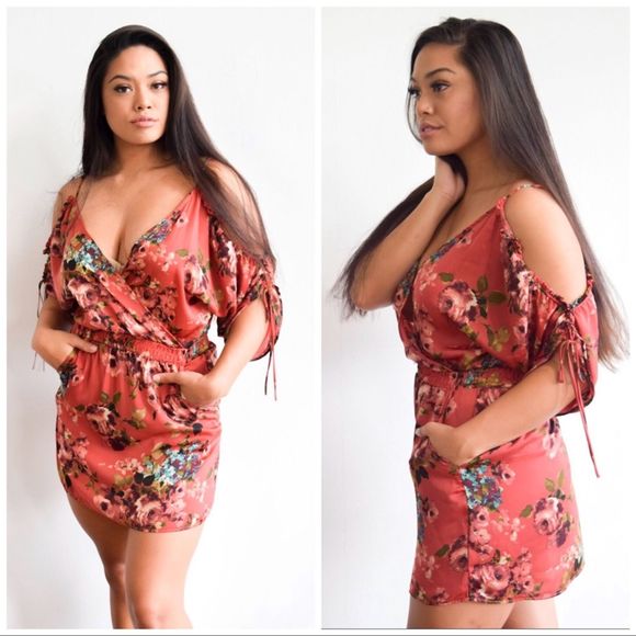 wanderlux red floral cold shoulder faux wrap dress - Picture 1 of 8